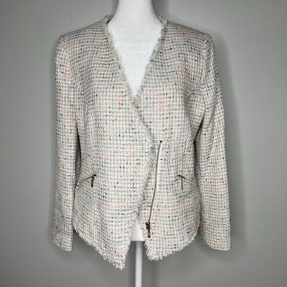MNG by Mango Women's Tweed Speckled Blazer Coat Jacket Size 8 Asymmetrical Zip - Picture 6 of 12